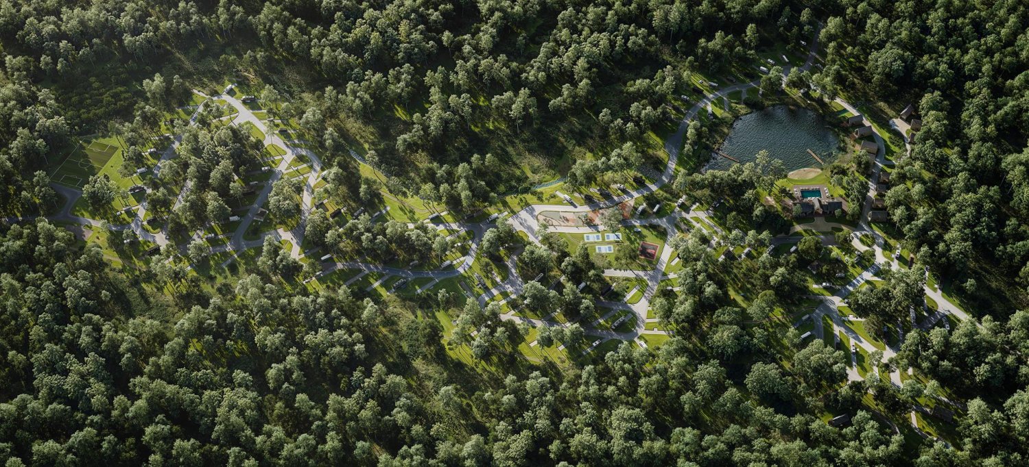 Aerial rendering of the resort grounds and trails through the oak forest